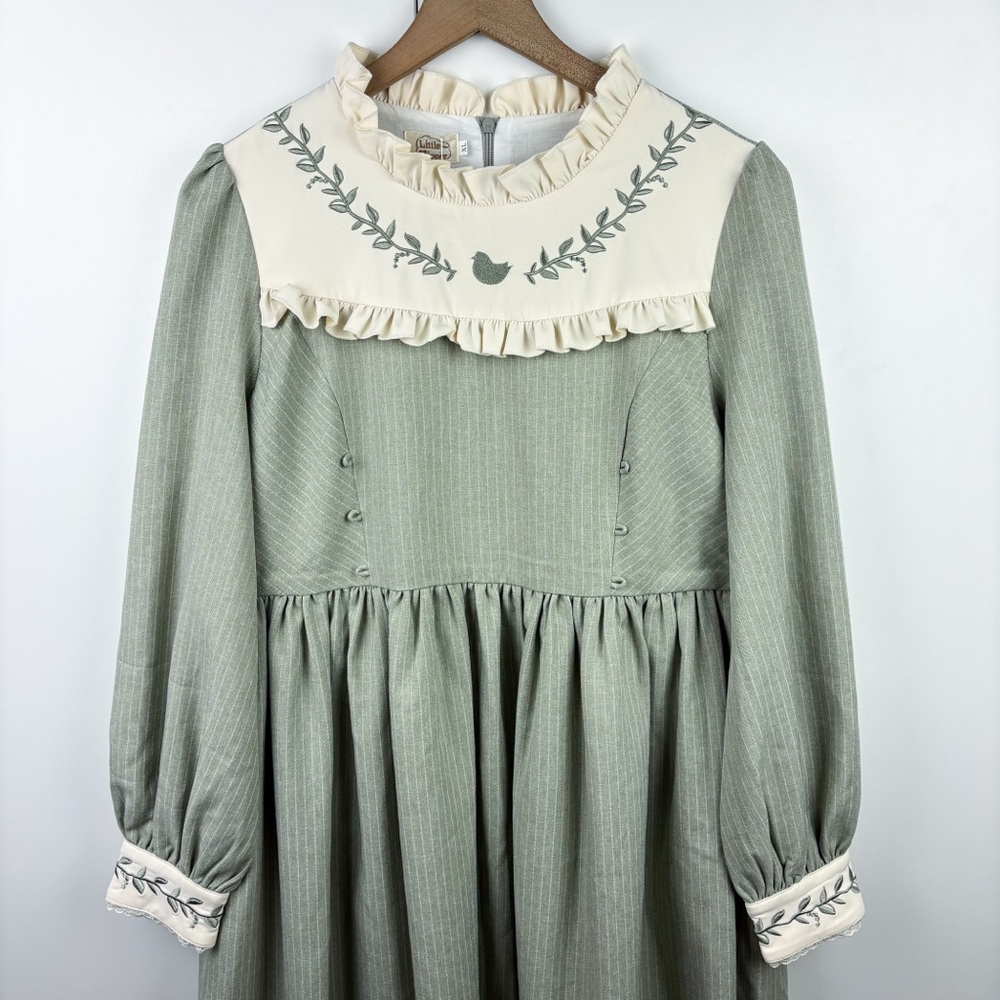 Lolita Little Dipper Sage Green Embroidered Ruffle Lace Long Sleeve Midi Dress - Picture 3 of 8